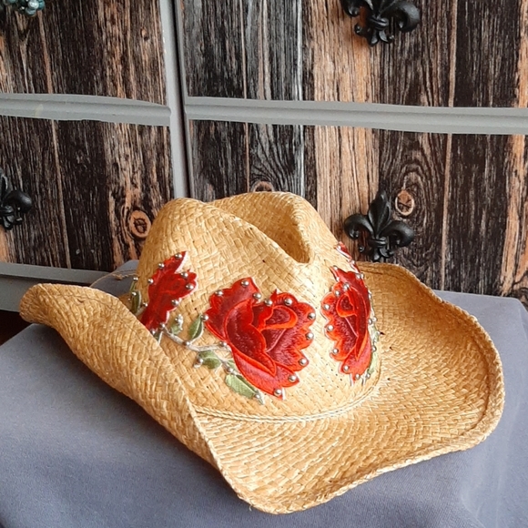 Scala Accessories - Scala Woven Western Cowgirl Straw Hat Flowers